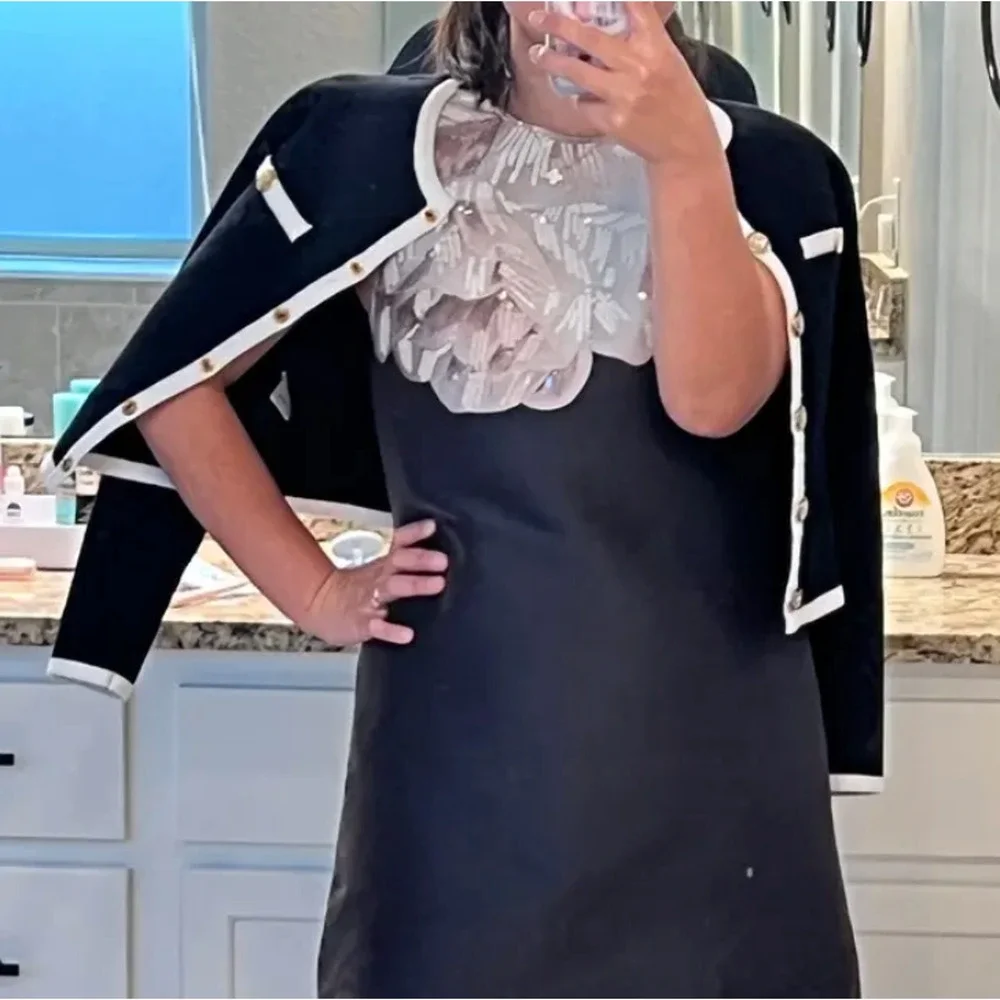 Alexia Admor Black White Career Cardigan Sweater SMALL Preppy Bolero Jacket $169 - Picture 6 of 13